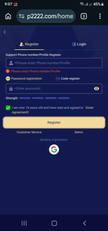 How to Register on P2222 Game