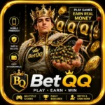 BetQQ game feature image showing royal king character with gold coins, casino theme, and mobile earning app design